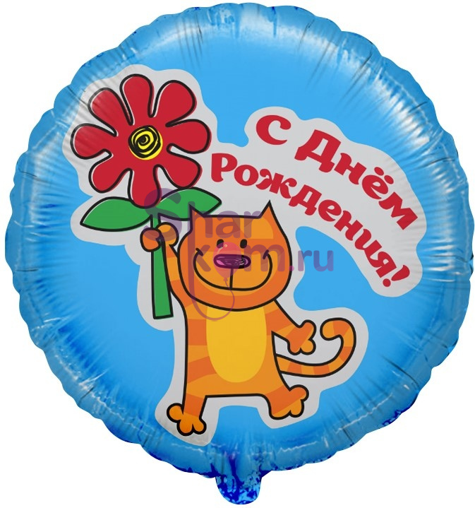 Фольгированный круг "С Днем рождения" (кот с цветком)