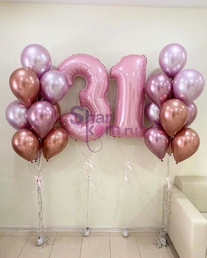 Композиция из шаров "Розовые фонтаны с цифрами" Клай