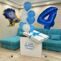 Коробка с шарами Сюрприз "С Ноликом", бело-голубая