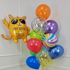 Композиция из шаров "Яркий сет с котом и карамелькой"