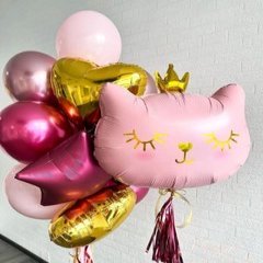 Композиция из шаров "Сет с кошкой", золото/розовый