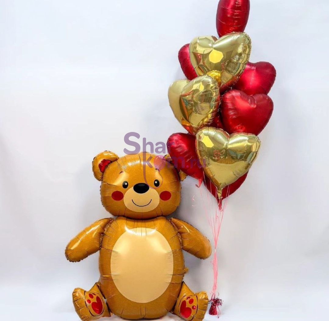 Композиция из шаров "Медведь с сердцами", красный\золотой