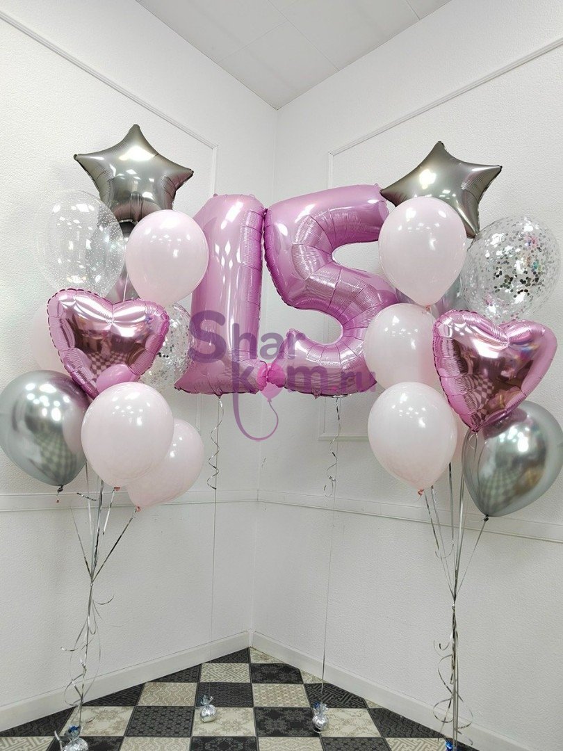 Композиция из шаров "15 лет звезды и сердца"