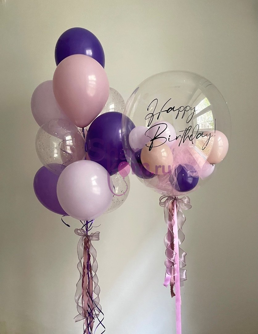 Композиция из шаров "Шарики в сиреневых цветах"