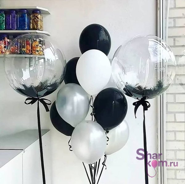 Композиция из шаров ""Сфера 3Д Деко Бабл (Deco Bubble)" с черными перьями"