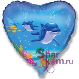 Фольгированное сердце "Дельфинчики"