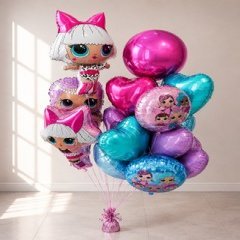Композиция из шаров "Куклы ЛОЛ (LOL) в ярких цветах"
