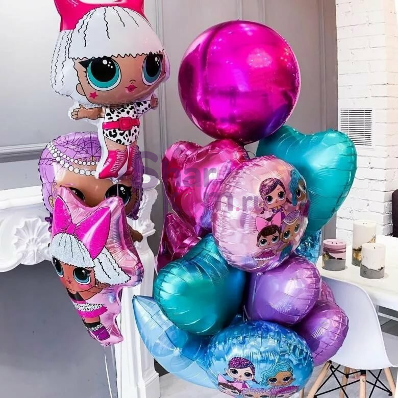 Композиция из шаров "Куклы LOL в ярких цветах"