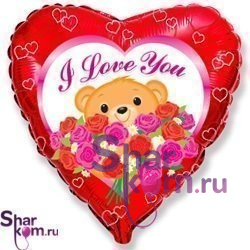 Фольгированное сердце "Я тебя люблю" (I love you) Мишка с розами