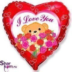 Фольгированное сердце "Я тебя люблю" (I love you) Мишка с розами