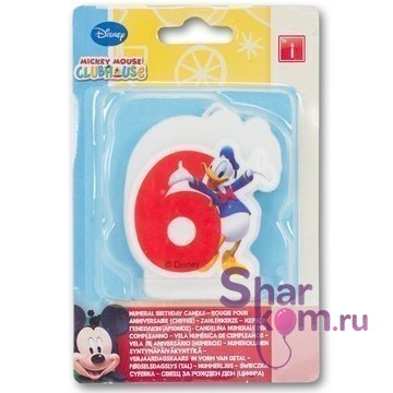 Свеча "6" Микки Маус, красная, 6 см.
