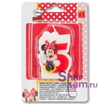 Свеча "5" Микки Маус, красная, 6 см.