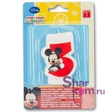 Свеча "3" Микки, красная, 6 см.