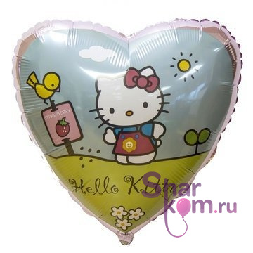 Фольгированное сердце "Хеллоу Китти (Hello Kitty) на полянке"