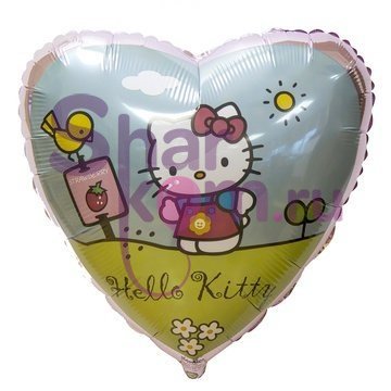 Фольгированное сердце "Hello Kitty на полянке"