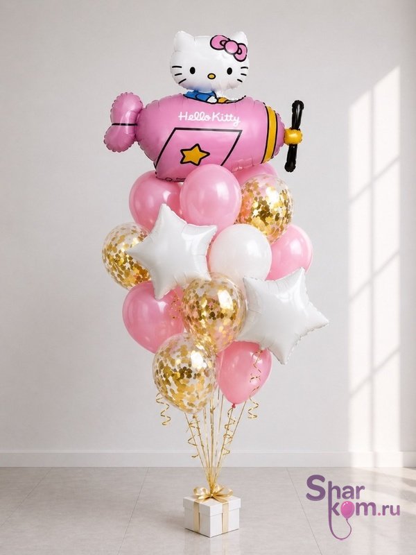 Композиция из шаров "Хеллоу Китти (Hello Kitty) и вертолёт"