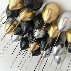 Шары под потолок на лентах "Черный, золото и серебро" 25 шт.