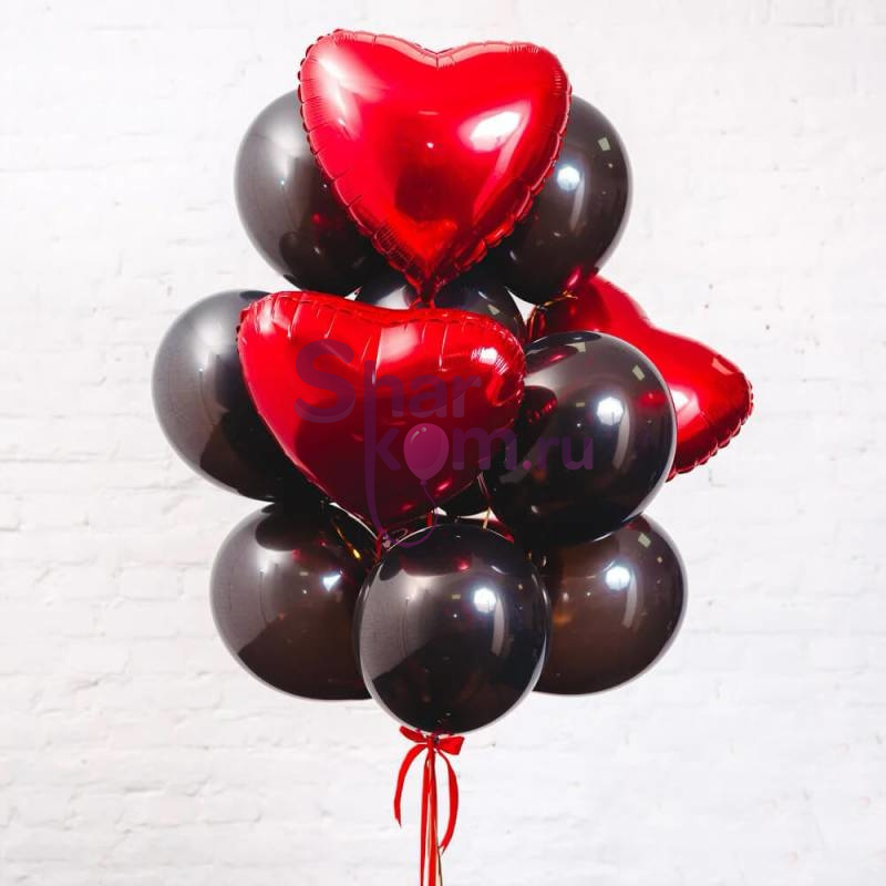 Фонтан из шаров "Красные сердца с черными шарами"