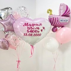 Композиция из шаров "Коляска и сердце с метрикой"