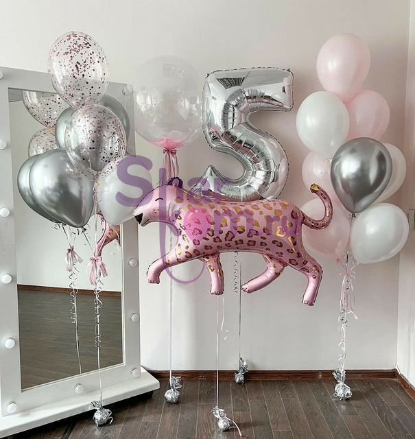 Композиция из шаров "На 5 лет с розовым леопардом"