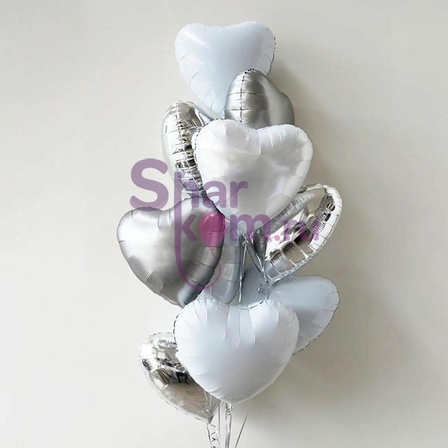 Фонтан из шаров "Сердца", белый/серебро