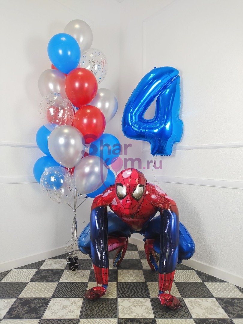 Композиция из шаров "Человек паук с фонтаном и цифрой"