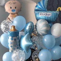 Композиция из шаров "С малышом, коляской и бутылочкой"