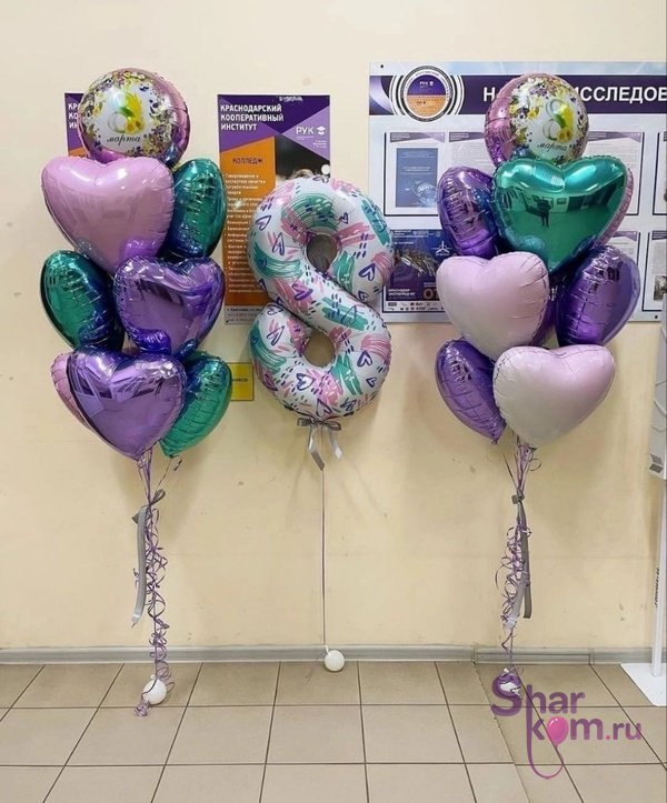 Композиция из шаров "Фонтаны из сердец и цифра", сирень
