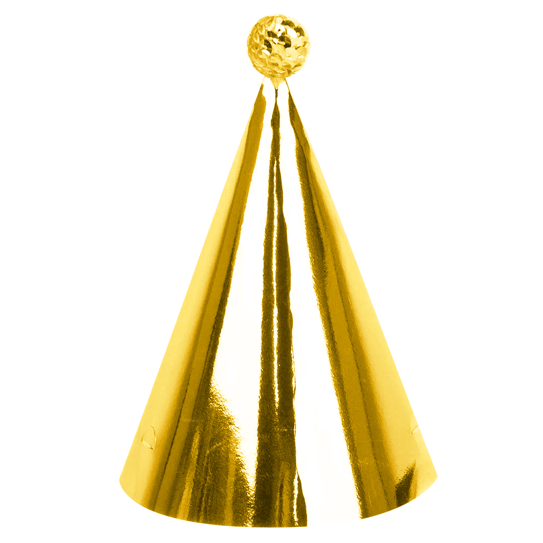 Праздничный колпак. Золотой колпак. Свечи золотые с черным металлик 16 см, 6 шт. Карнавальная бумага. Шарики колпаки